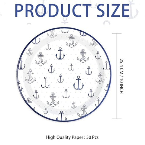 50 Pcs 10-inch Nautical Anchor Party Paper Plates - Grencian