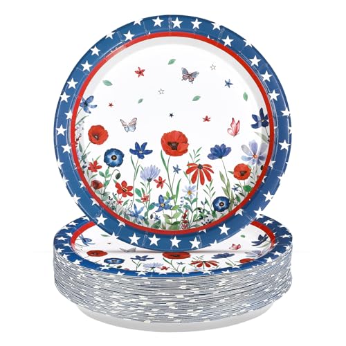 50 Pcs 10-inch Patriotic Flower Star Party Paper Plates - Grencian