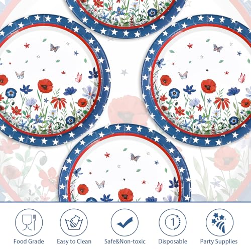 50 Pcs 10-inch Patriotic Flower Star Party Paper Plates - Grencian