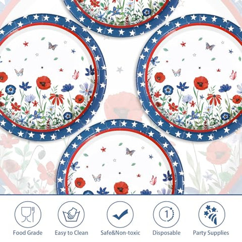 50 Pcs 10-inch Patriotic Flower Star Party Paper Plates - Grencian