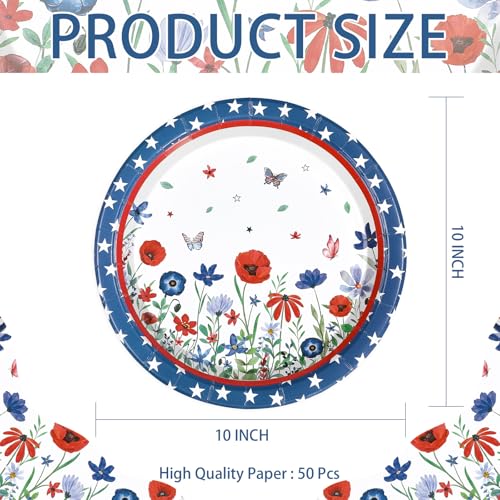 50 Pcs 10-inch Patriotic Flower Star Party Paper Plates - Grencian