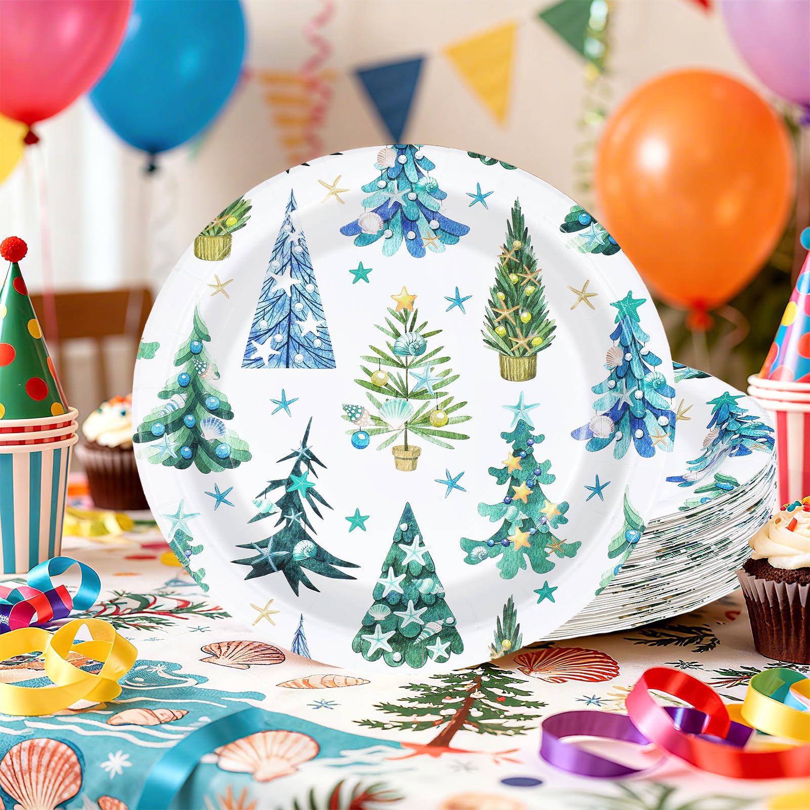50 Pcs 10 Inch Sea Shell Xmas Tree Party Paper Plates - Grencian