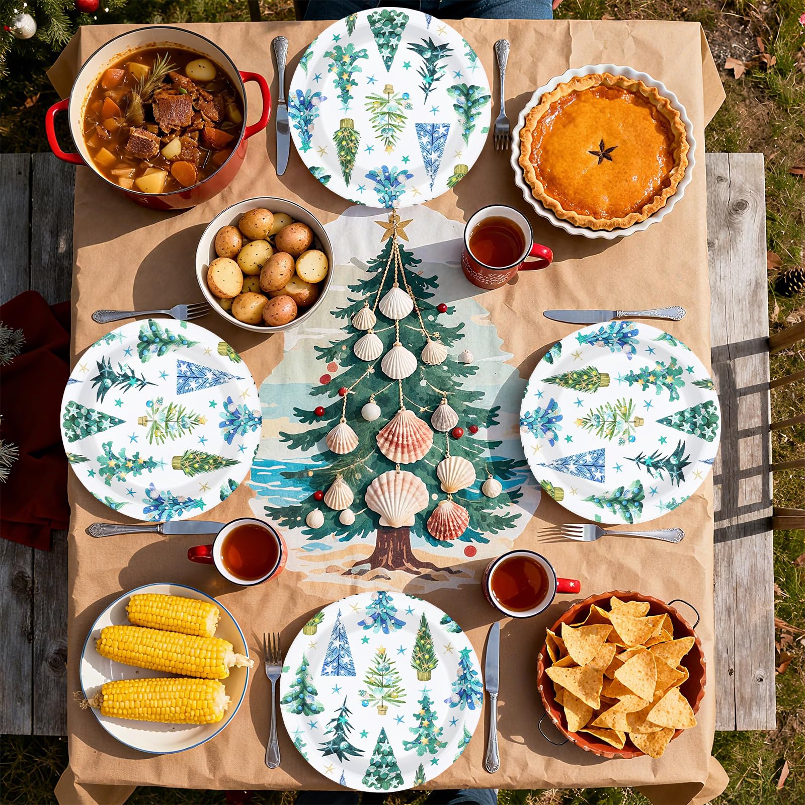 50 Pcs 10 Inch Sea Shell Xmas Tree Party Paper Plates - Grencian