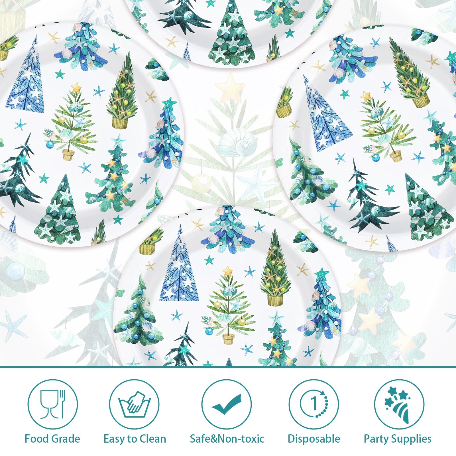 50 Pcs 10 Inch Sea Shell Xmas Tree Party Paper Plates - Grencian