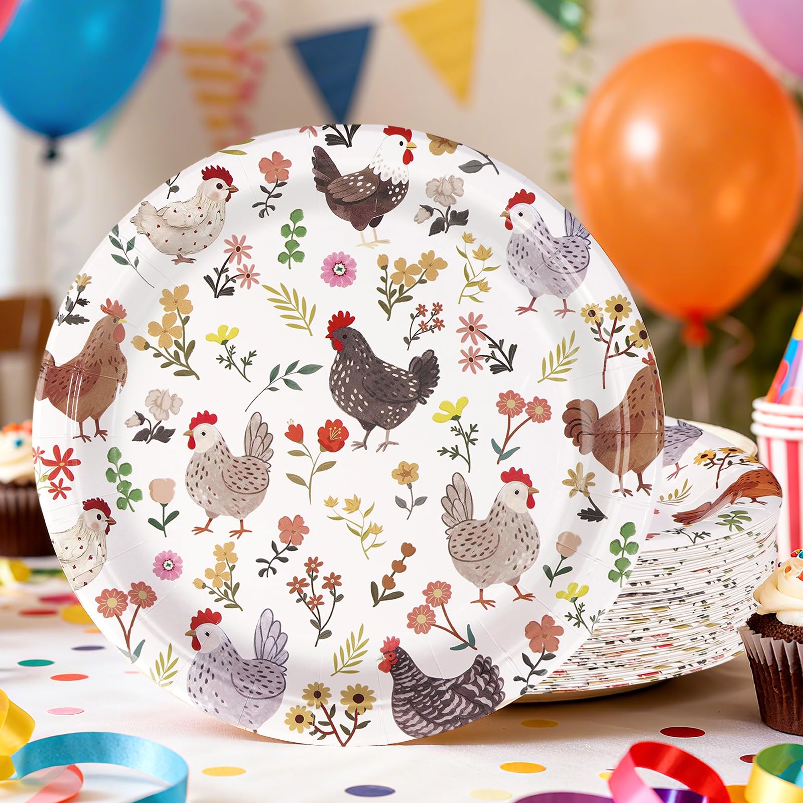 50 Pcs 10-inch Vintage Floral Chicken Party Paper Plates - Grencian
