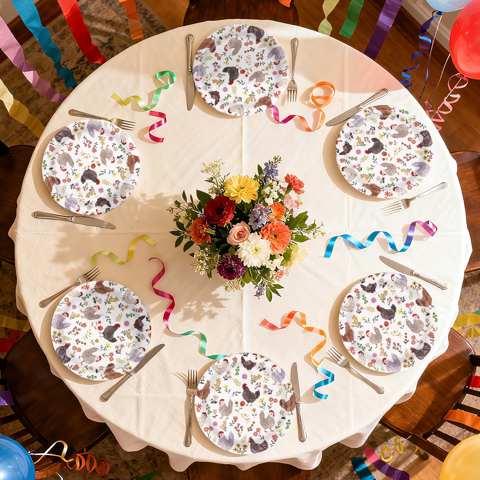 50 Pcs 10-inch Vintage Floral Chicken Party Paper Plates - Grencian