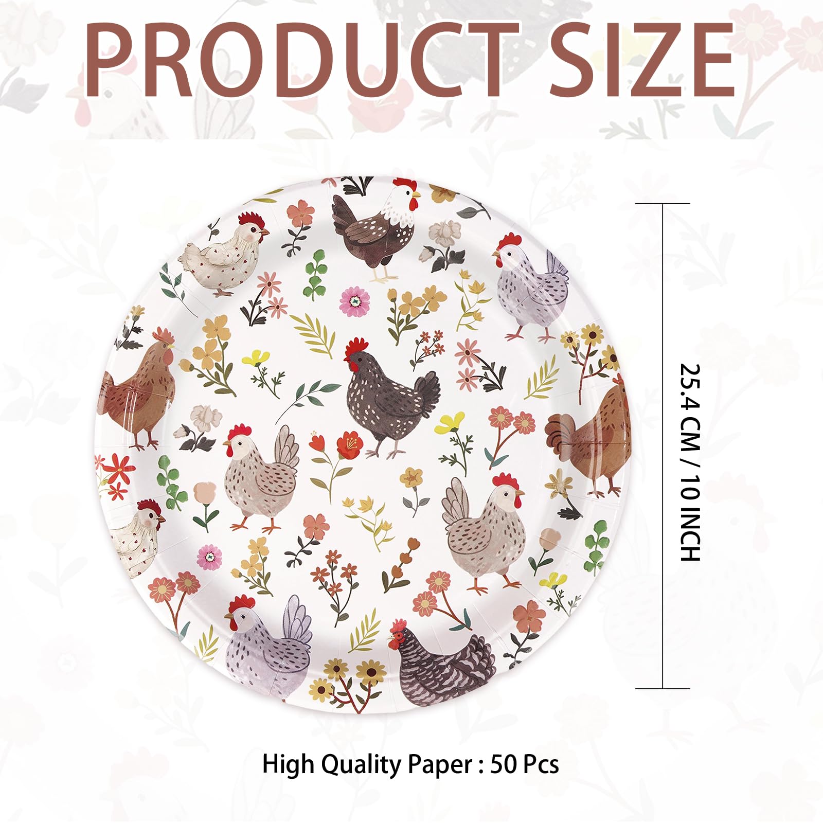 50 Pcs 10-inch Vintage Floral Chicken Party Paper Plates - Grencian