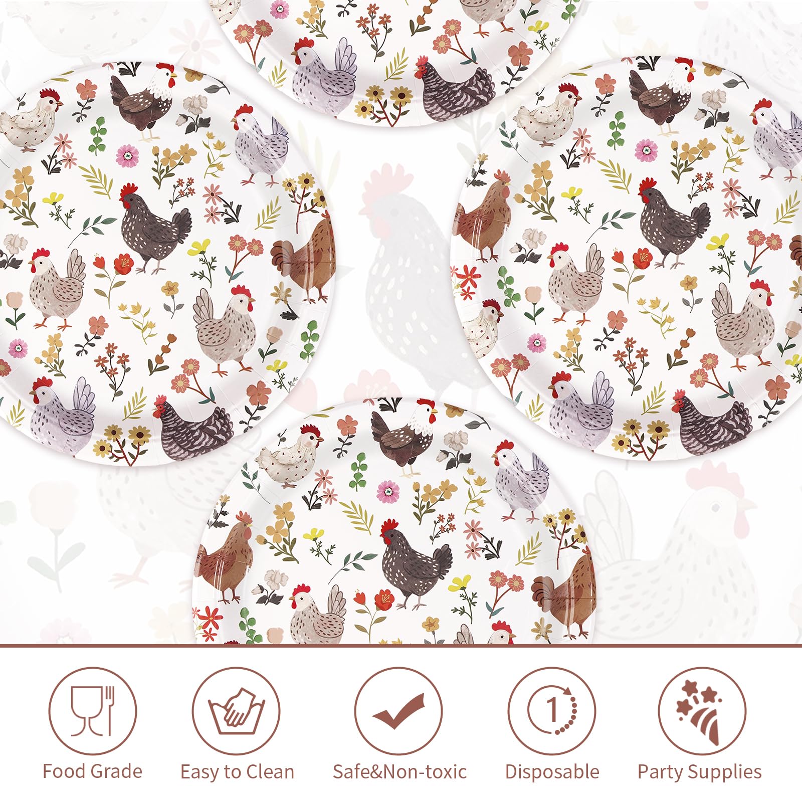 50 Pcs 10-inch Vintage Floral Chicken Party Paper Plates - Grencian