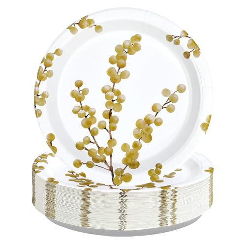 50 Pcs 10-inch White Gold Berry Party Paper Plates - Grencian