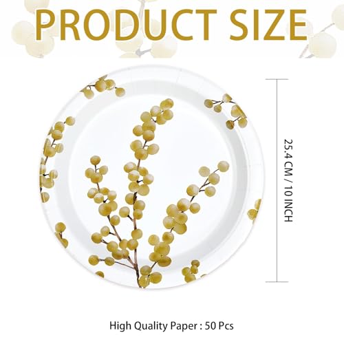 50 Pcs 10-inch White Gold Berry Party Paper Plates - Grencian
