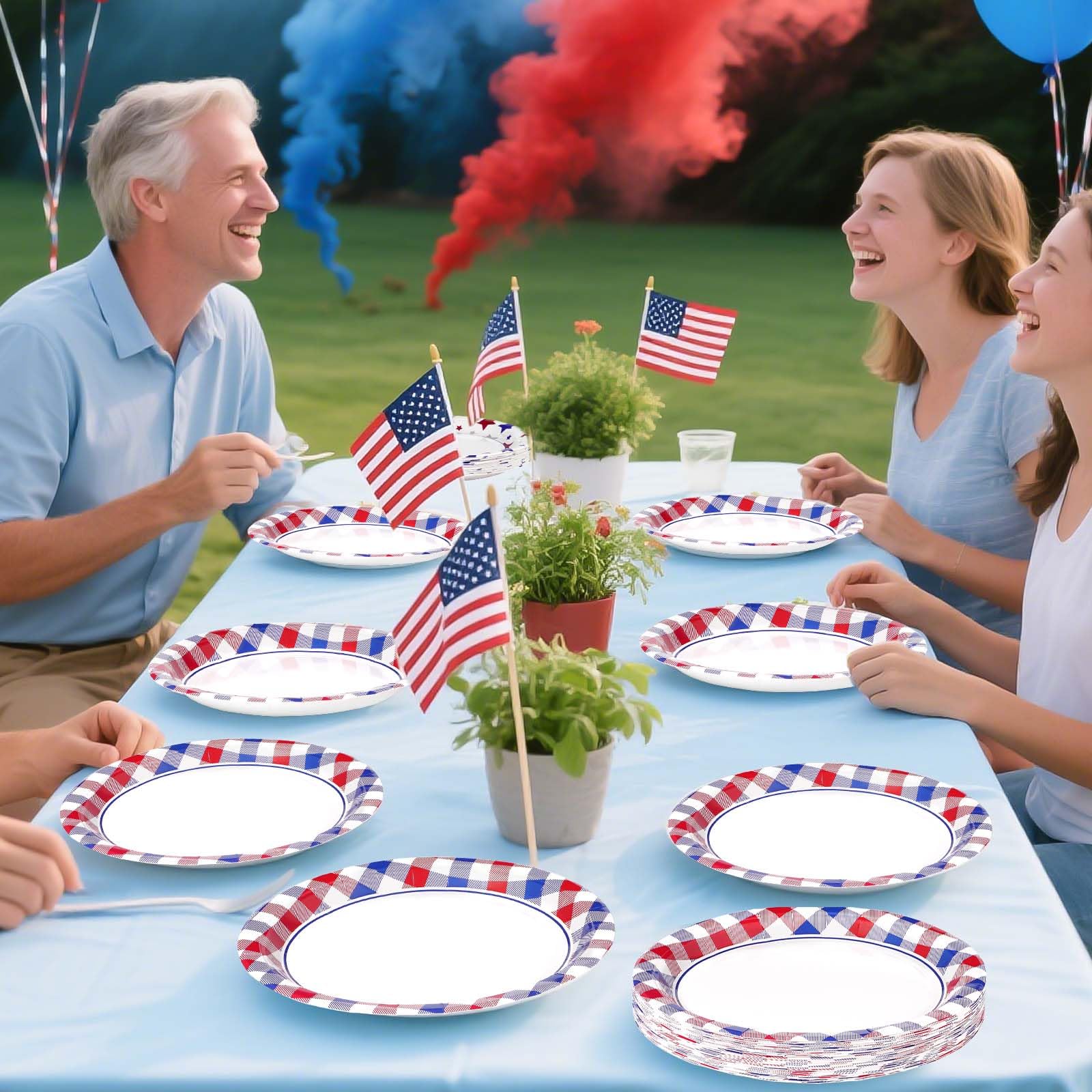 50 Pcs 4th of July Plaid Party Paper Plates - Grencian