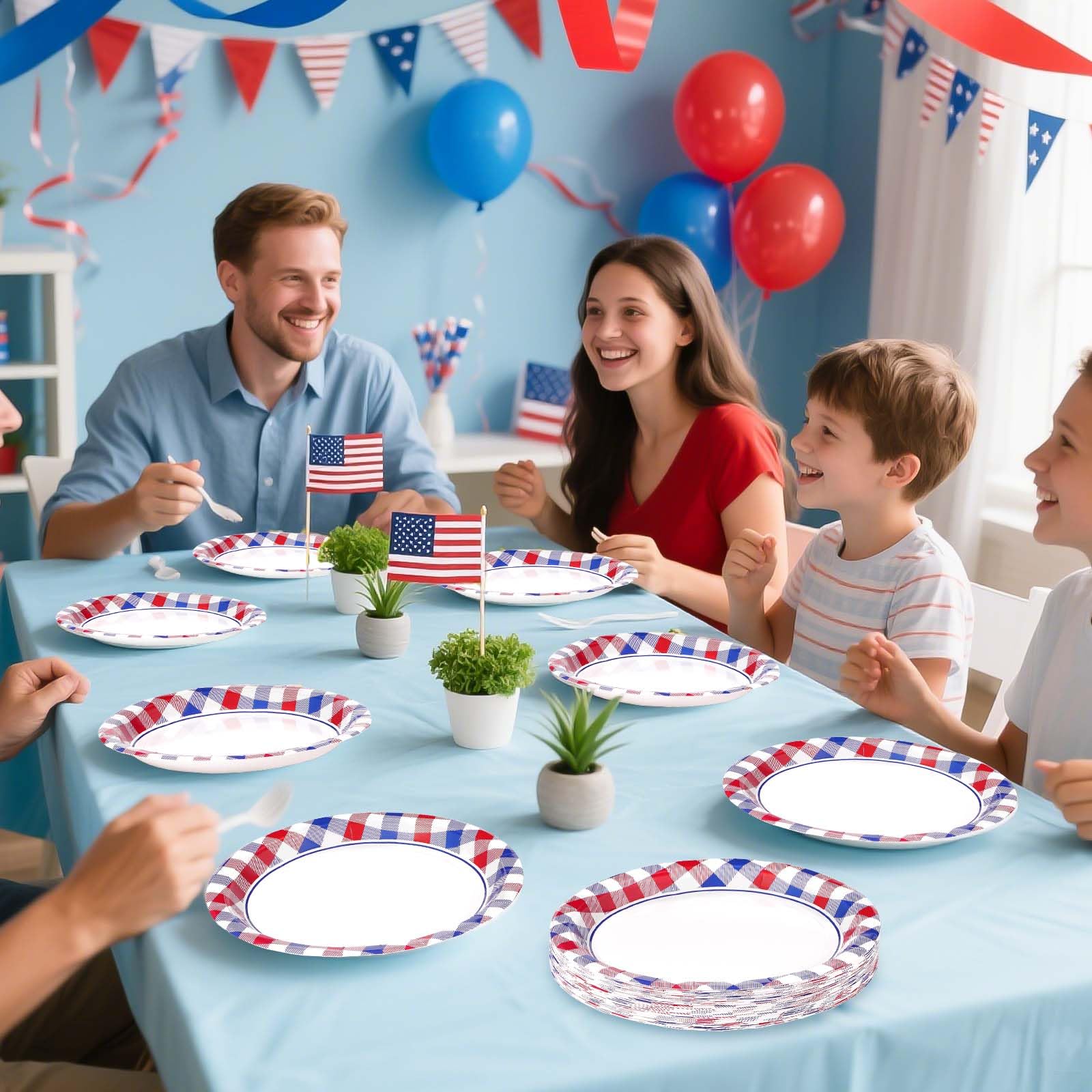 50 Pcs 4th of July Plaid Party Paper Plates - Grencian