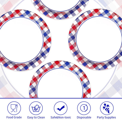 50 Pcs 4th of July Plaid Party Paper Plates - Grencian