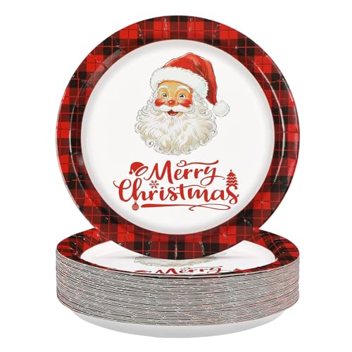 50 Pcs 9 Inch Buffalo Plaid Santa Claus Party Paper Plates - Grencian