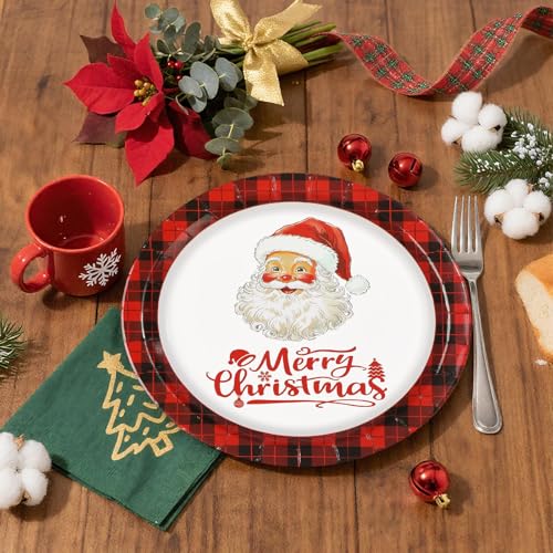 50 Pcs 9 Inch Buffalo Plaid Santa Claus Party Paper Plates - Grencian