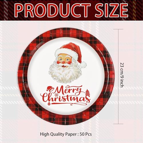 50 Pcs 9 Inch Buffalo Plaid Santa Claus Party Paper Plates - Grencian