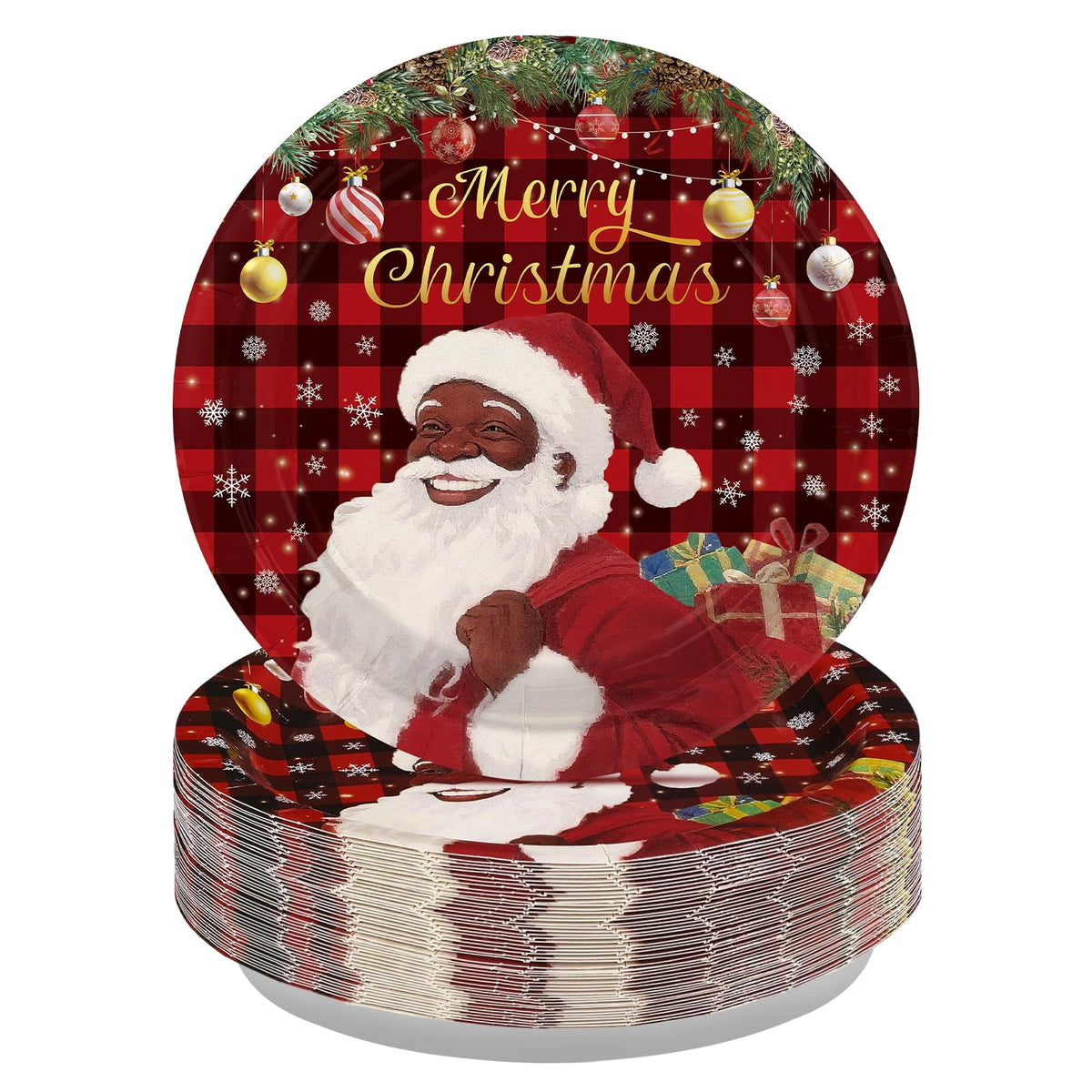 50 Pcs 9 Inch Christmas Black Santa Party Paper Plates - Grencian