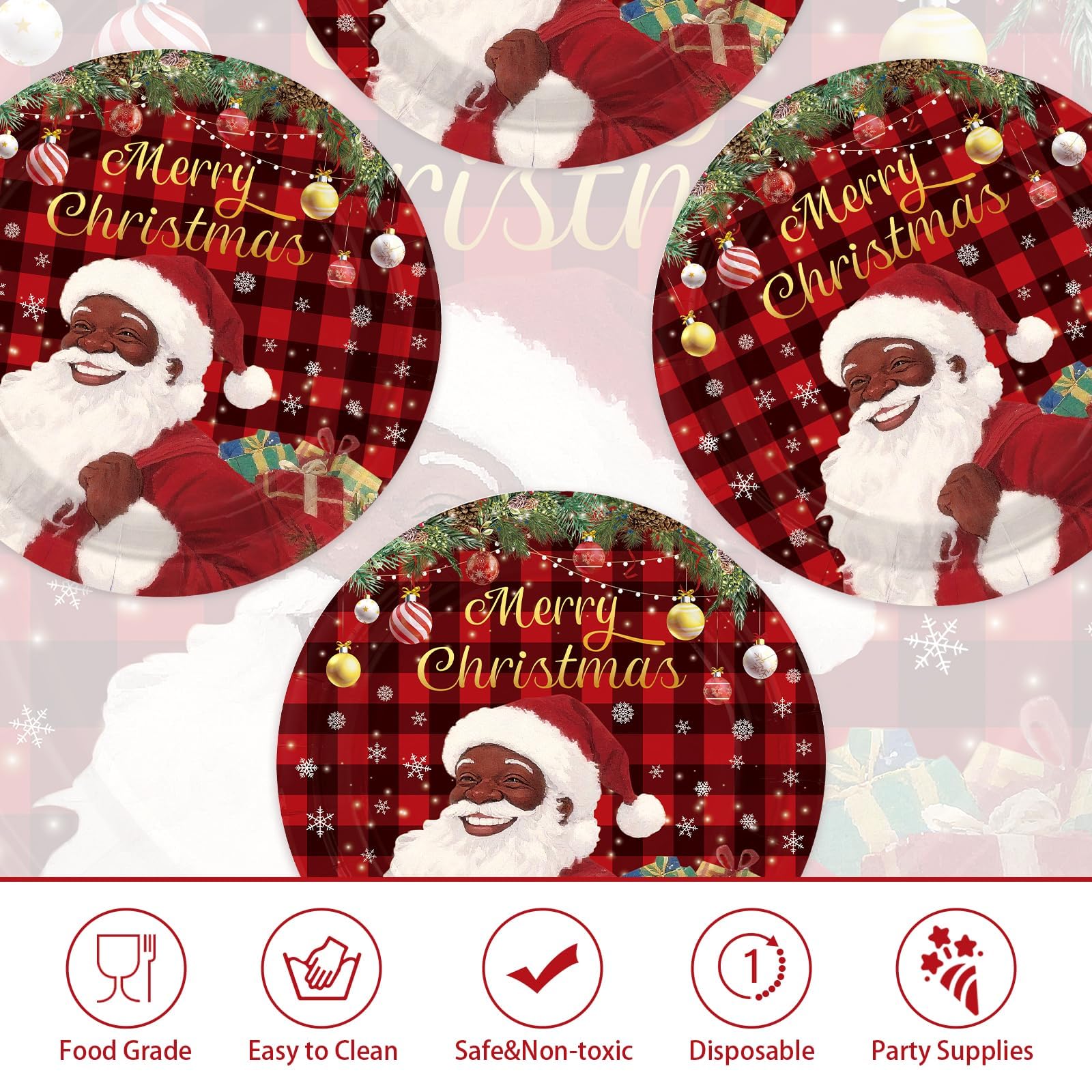 50 Pcs 9 Inch Christmas Black Santa Party Paper Plates - Grencian