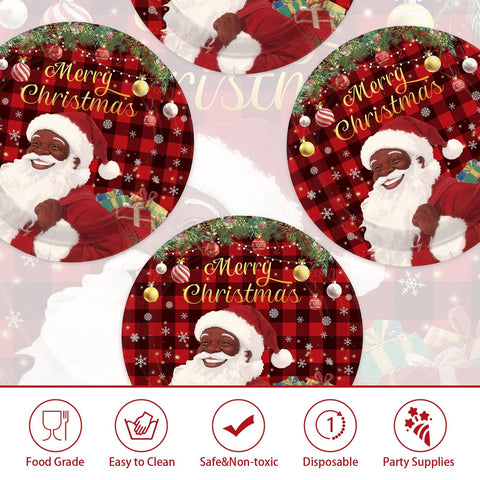 50 Pcs 9 Inch Christmas Black Santa Party Paper Plates - Grencian