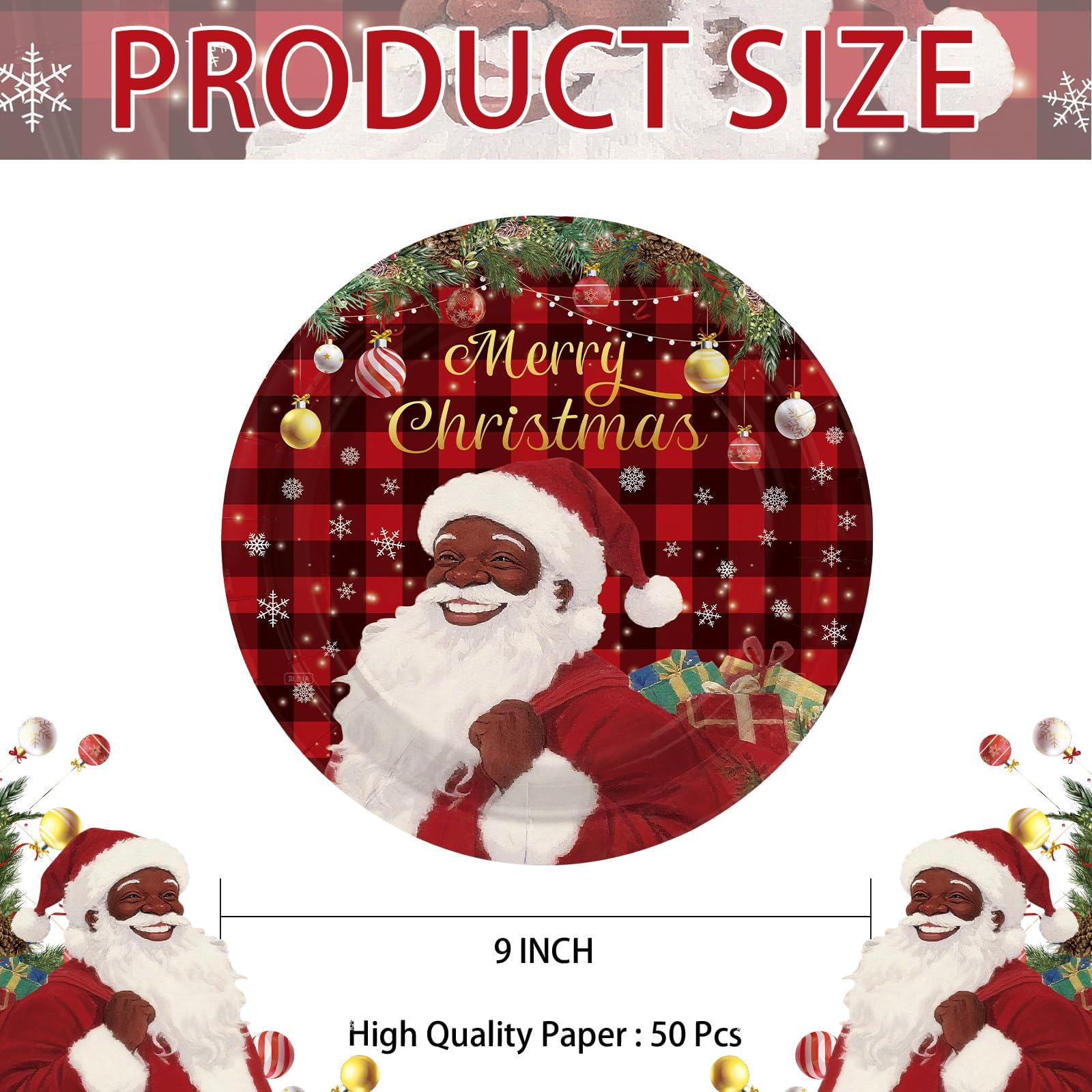 50 Pcs 9 Inch Christmas Black Santa Party Paper Plates - Grencian