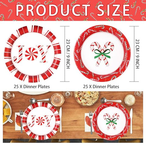 50 Pcs 9 Inch Christmas Candy Cane Party Paper Plates - Grencian
