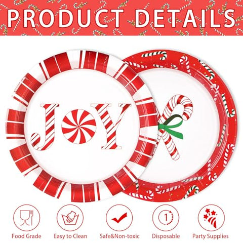 50 Pcs 9 Inch Christmas Candy Cane Party Paper Plates - Grencian
