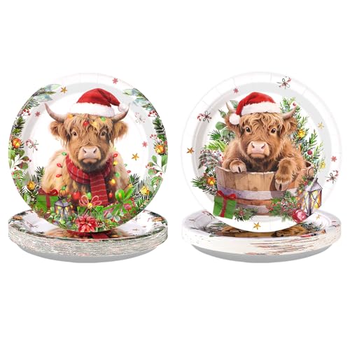 50 Pcs 9 Inch Christmas Highland Cow Party Paper Plates - Grencian
