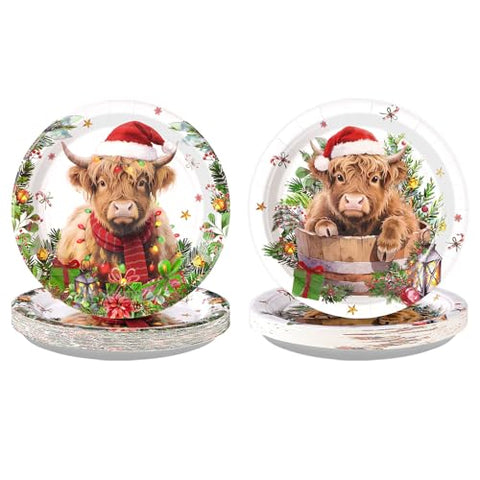 50 Pcs 9 Inch Christmas Highland Cow Party Paper Plates - Grencian