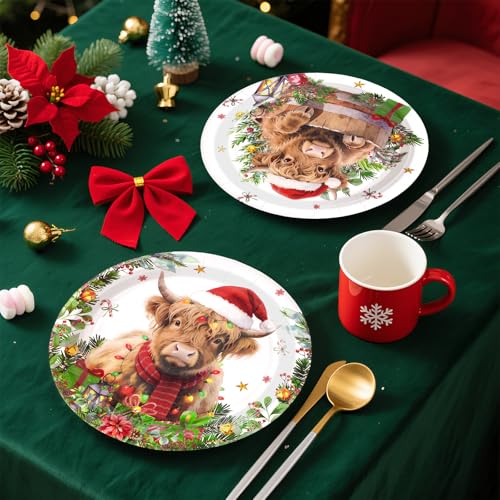 50 Pcs 9 Inch Christmas Highland Cow Party Paper Plates - Grencian