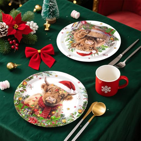 50 Pcs 9 Inch Christmas Highland Cow Party Paper Plates - Grencian