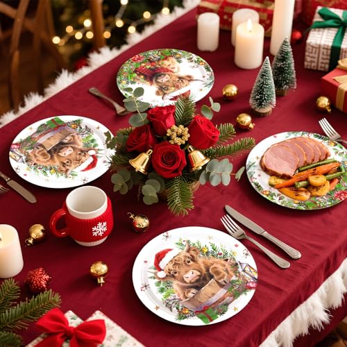 50 Pcs 9 Inch Christmas Highland Cow Party Paper Plates - Grencian