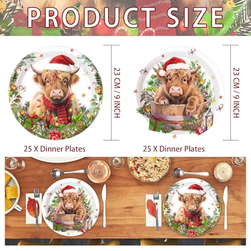 50 Pcs 9 Inch Christmas Highland Cow Party Paper Plates - Grencian