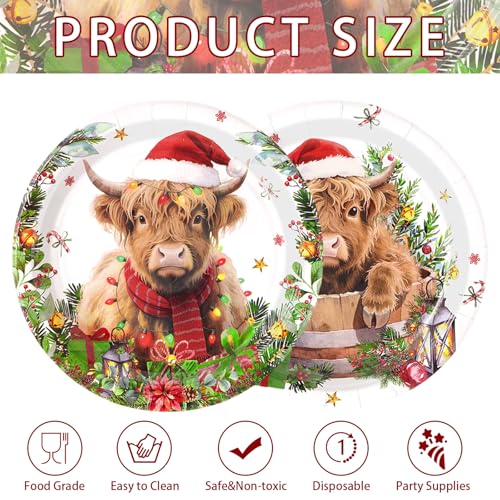 50 Pcs 9 Inch Christmas Highland Cow Party Paper Plates - Grencian