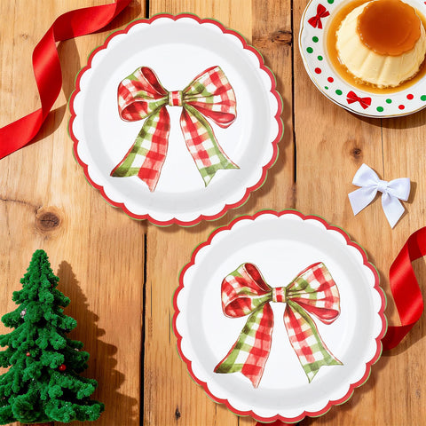 50 Pcs 9 Inch Gingham Bow Party Paper Plates - Grencian