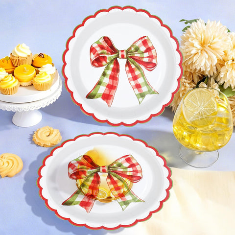 50 Pcs 9 Inch Gingham Bow Party Paper Plates - Grencian