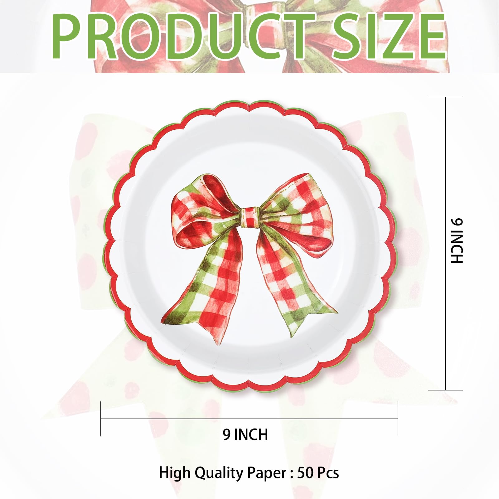 50 Pcs 9 Inch Gingham Bow Party Paper Plates - Grencian