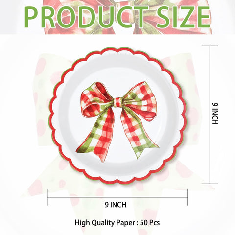 50 Pcs 9 Inch Gingham Bow Party Paper Plates - Grencian