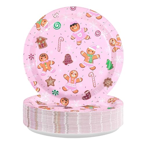 50 Pcs 9 Inch Pink Gingerbread Party Paper Plates - Grencian