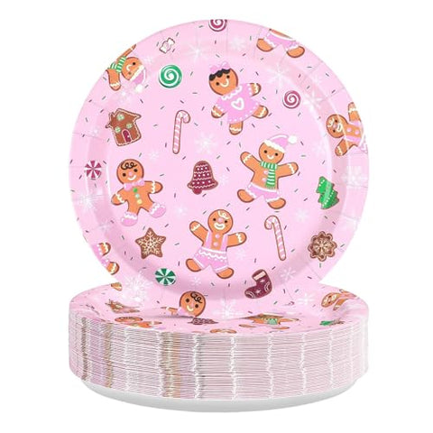 50 Pcs 9 Inch Pink Gingerbread Party Paper Plates - Grencian