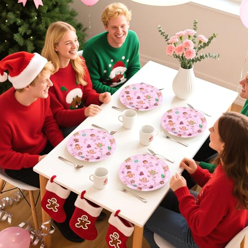 50 Pcs 9 Inch Pink Gingerbread Party Paper Plates - Grencian