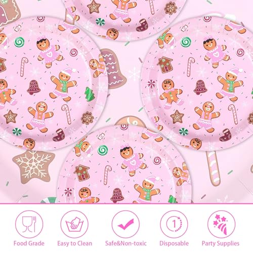 50 Pcs 9 Inch Pink Gingerbread Party Paper Plates - Grencian