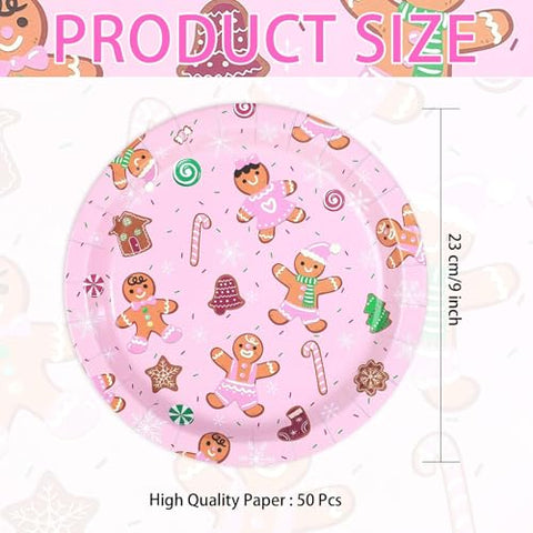 50 Pcs 9 Inch Pink Gingerbread Party Paper Plates - Grencian