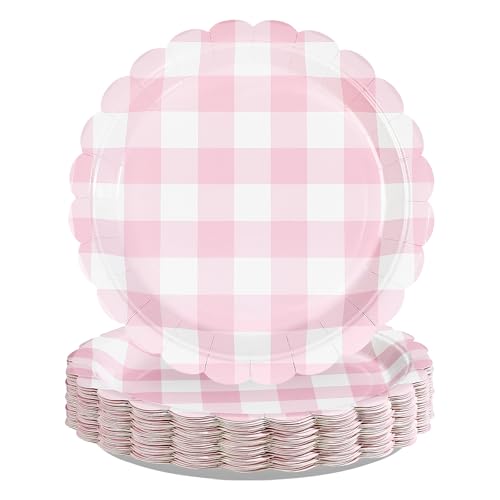 50 Pcs 9-inch Pink Gingham Party Paper Plates - Grencian