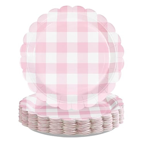 50 Pcs 9-inch Pink Gingham Party Paper Plates - Grencian