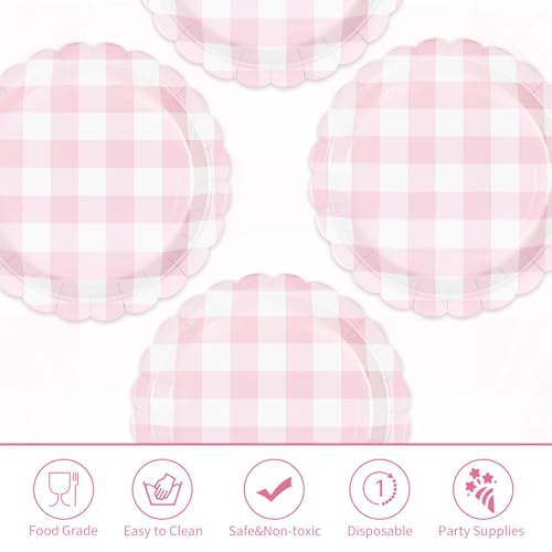 50 Pcs 9-inch Pink Gingham Party Paper Plates - Grencian