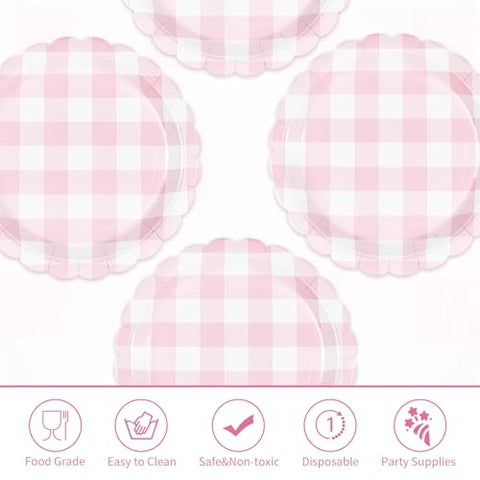 50 Pcs 9-inch Pink Gingham Party Paper Plates - Grencian
