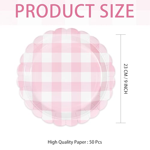 50 Pcs 9-inch Pink Gingham Party Paper Plates - Grencian