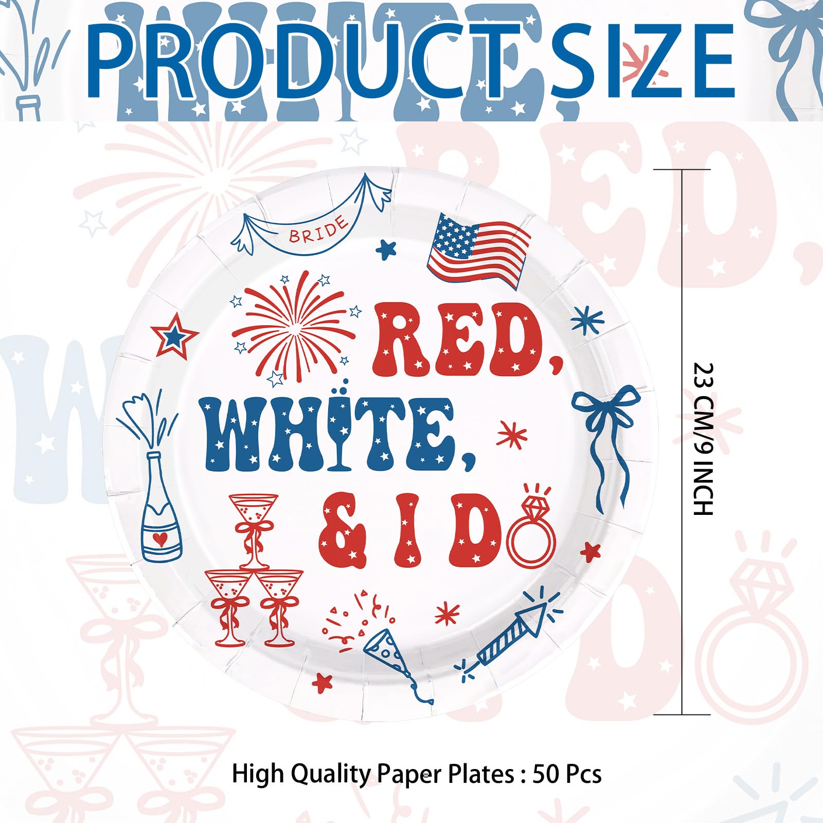 50 Pcs 9-inch 4th of July Bridal Shower Party Paper Plates - Grencian