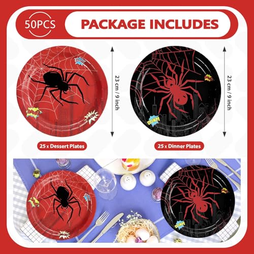 50 Pcs 9-inch Black Red Spider Party Paper Plates - Grencian