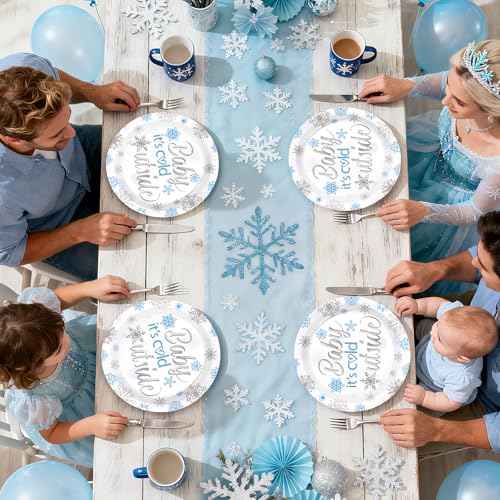 50 Pcs 9-inch Blue Snowflake Baby Shower Party Paper Plates - Grencian